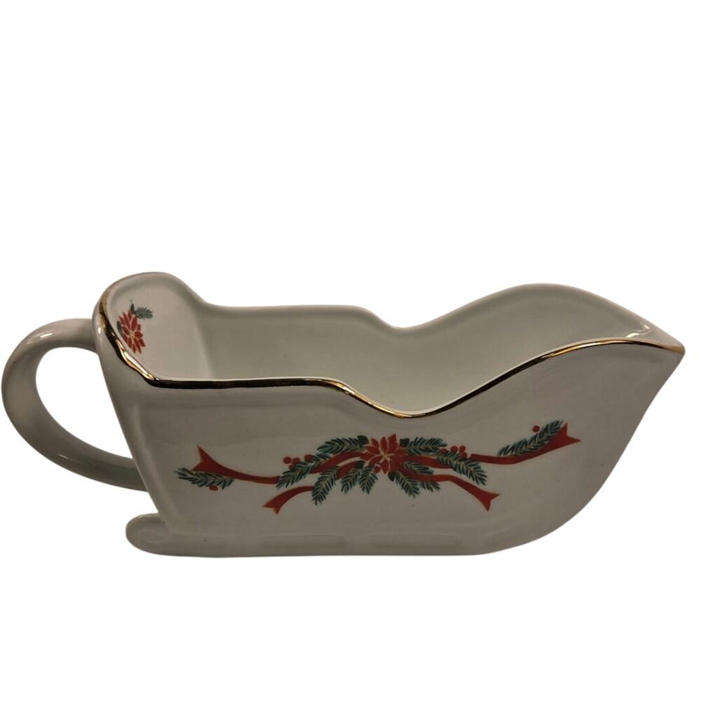 Tienshan Fine China Christmas Sleigh Gravy Boat Poinsettia & Ribbons Sled